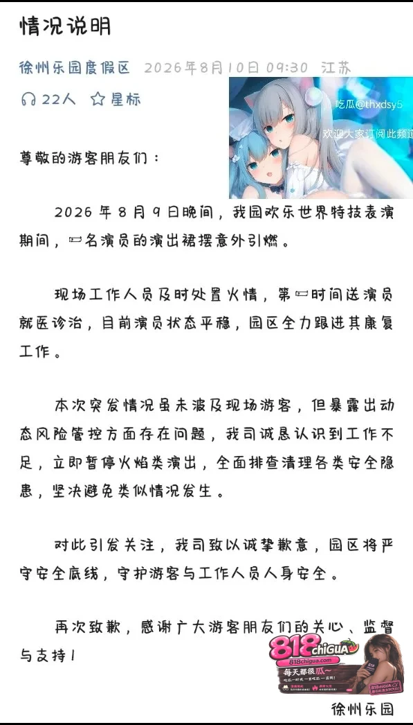江苏徐州乐园演出突发惨剧女演员裙摆起火瞬间成火球观众惊慌逃离景区叫停节目