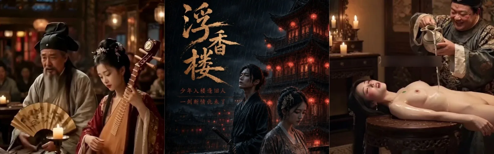 AI成人短剧 新剧首播 浮香楼 第1集 红衣琵琶女被温油浇胸 床帐里从对视到彻底沉沦