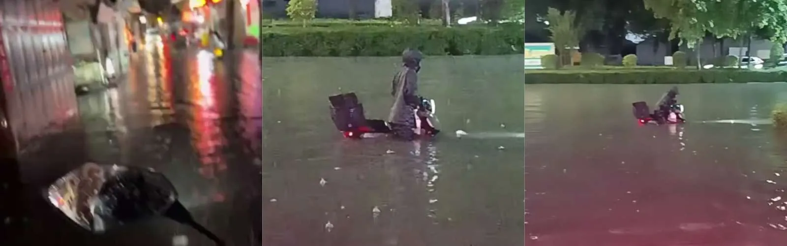 潮州暴雨积水全城“看海”：外卖小哥激流中推车坚持送餐，平凡生活里总有人在拼尽全力