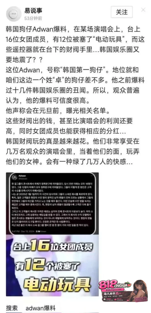 韩国第一狗仔Adwan爆猛料！12位女星演唱会现场被塞跳蛋，财阀远程遥控高潮，1372人调教名单震惊全球